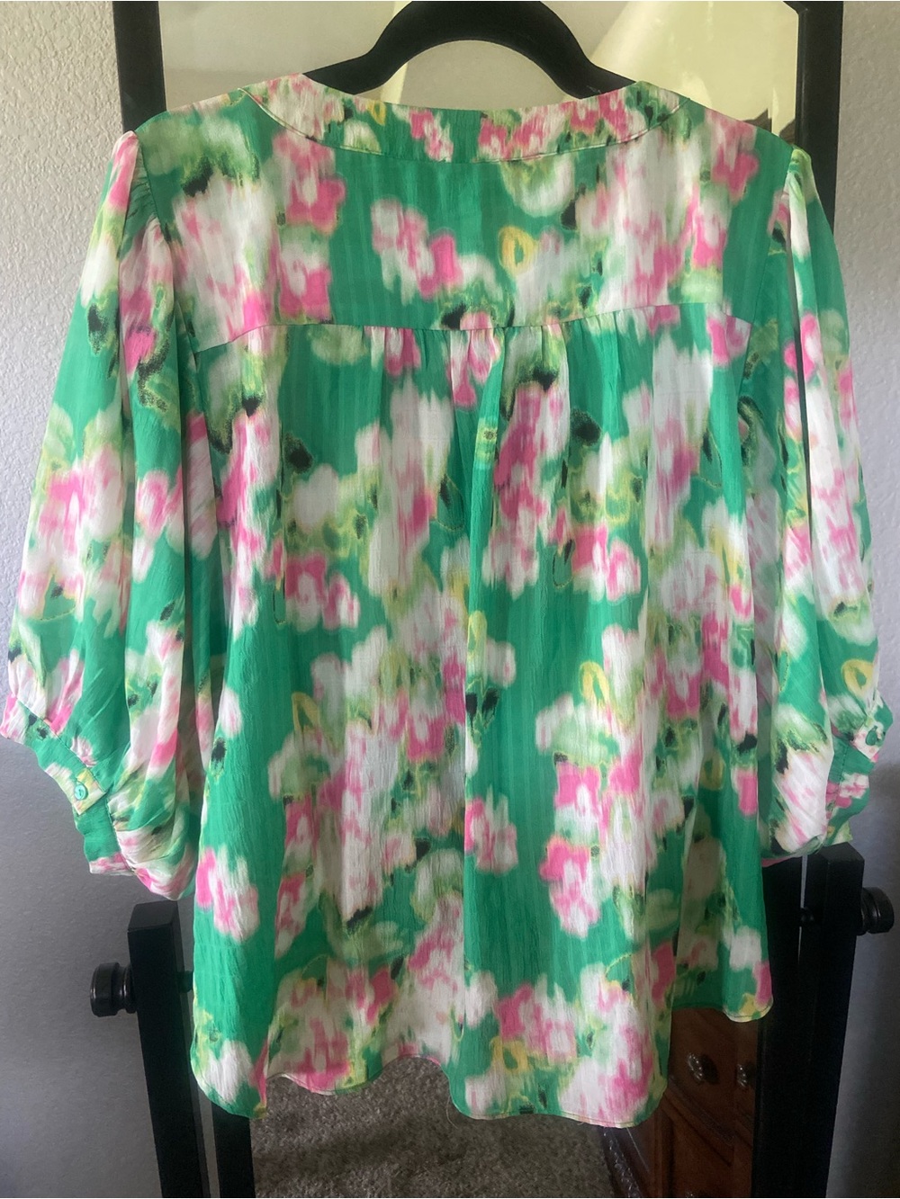 Rose & Olive Green Floral Tie-Front Peasant Blouse - Picture 10 of 11